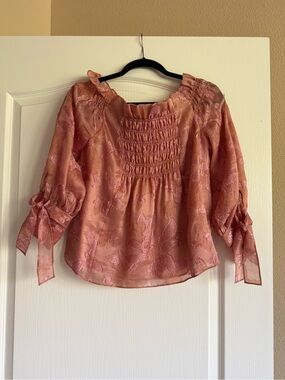 Rebecca Taylor Rose-Pink Floral Smocked Peasant Blouse